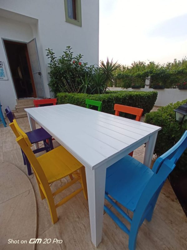 Beyaz masa ve renkli sandalyeler